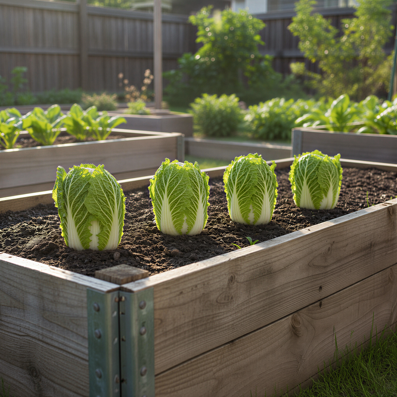 A raised garden bed filled with freshly planted lettuce and cabbage plants, with a wooden frame surrounding the bed.