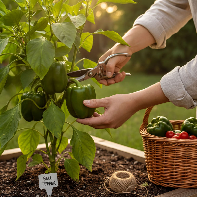 A person is harvesting bell peppers from a garden, using a pair of scissors to cut the peppers from a plant.