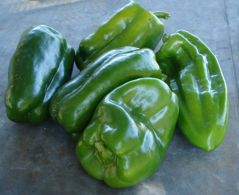 A group of bright green bell peppers on a gray surface.