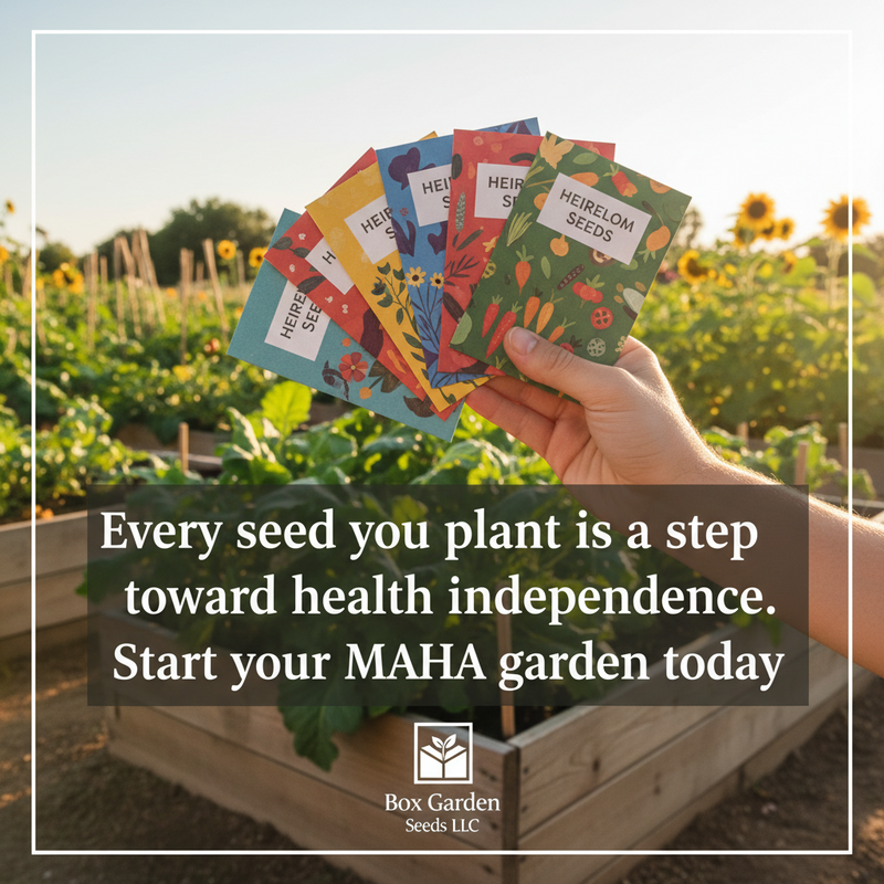 A hand holding a fan of colorful seed packets in a garden setting, with a text overlay promoting the idea of starting a MAHA (Maintain Your Health Independence) garden.