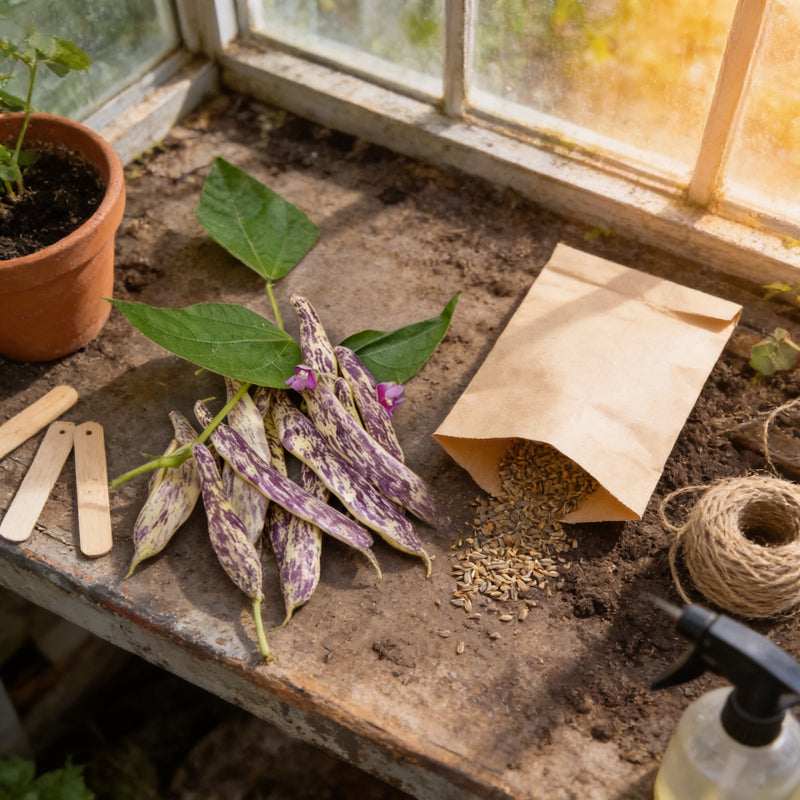 a variety of gardening supplies and plants arranged on a wooden table, including a potted plant, a bag of seeds, a spray bottle, and some wooden sticks.