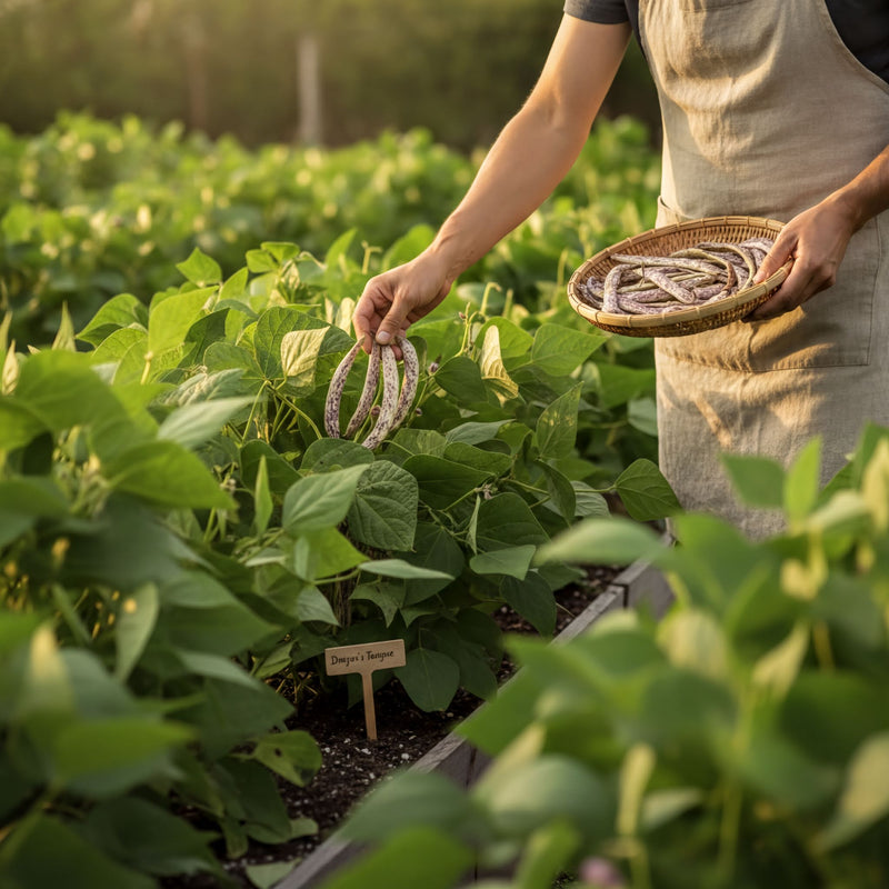 A person is holding a basket filled with beans in a garden setting, surrounded by lush green plants.