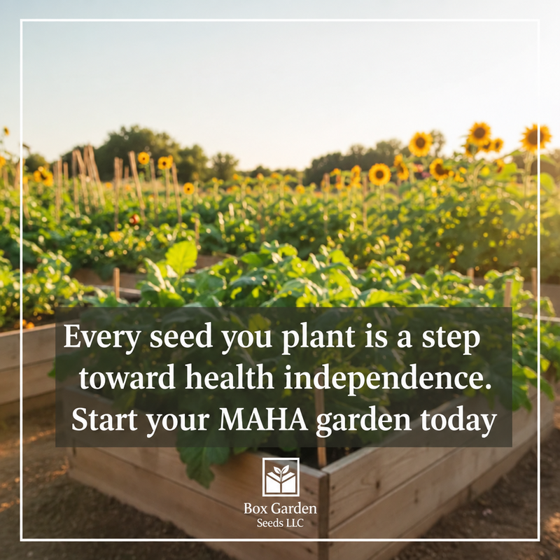 A hand holding a fan of colorful seed packets in a garden setting, with a text overlay promoting the idea of starting a MAHA (Maintain Your Health Independence) garden.