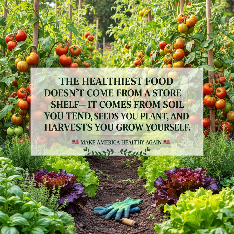 a lush garden filled with a variety of colorful vegetables, including tomatoes, lettuce, and other leafy greens, with a quote overlaid on the image promoting the idea that the healthiest food comes from growing your own.