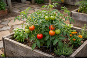 AI-generated illustration of a compact Early Tanana tomato bush with round red fruit, surrounded by a support cage anchored in the raised-bed soil.