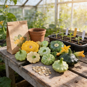 A wooden table displaying various gourds, seeds, and a potted plant in a greenhouse-like setting.