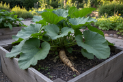 Burdock Plant Growing in Deep Raised Garden Bed