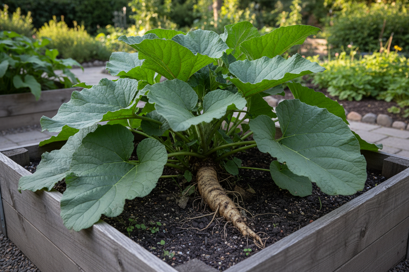 Burdock Plant Growing in Deep Raised Garden Bed