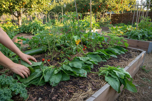 Comfrey Leaves Used as Chop-and-Drop Mulch in Permaculture Garden