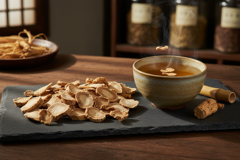 Dried Sliced Ginseng Root with Korean Ceramic Tea Bowl