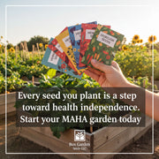 A hand holding a fan of colorful seed packets in a garden setting, with a text overlay promoting the idea of starting a MAHA (Maintain Your Health Independence) garden.
