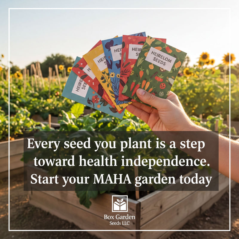 A hand holding a fan of colorful seed packets in a garden setting, with a text overlay promoting the idea of starting a MAHA (Maintain Your Health Independence) garden.