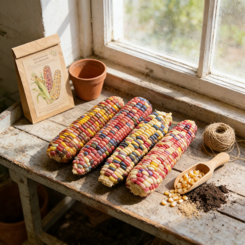 four colorful corn cobs arranged on a wooden surface, with a small pot and a wooden spoon nearby.