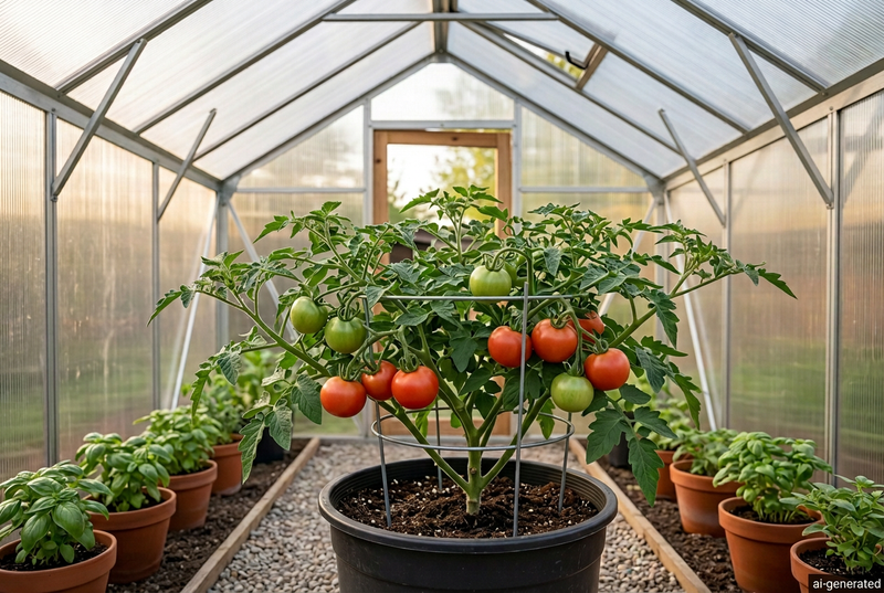 Early Tanana growing inside a small greenhouse. Image with an AI-generated label
