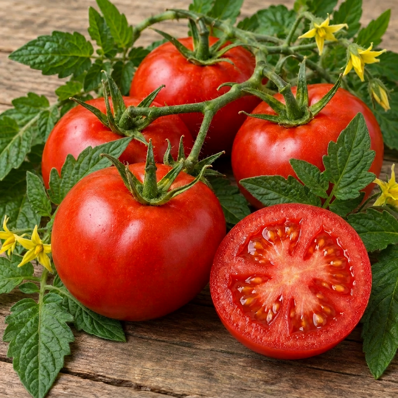 Early Girl tomatoes close-up showing several ripe medium-sized round deep red tomatoes whole and one sliced open showing bright juicy flesh on a rustic wood surface