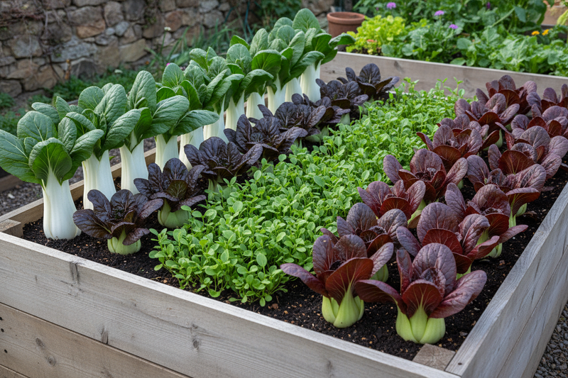Four Pak Choi Varieties Side by Side in Raised Garden Bed