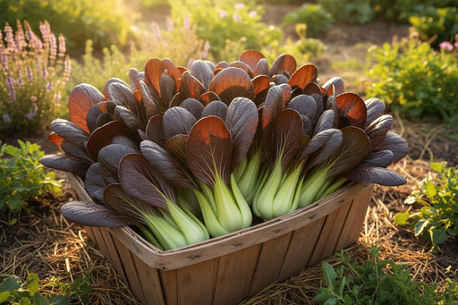 Freshly Harvested Da Hong Red-Leaf Pak Choi in Rustic Wooden Basket