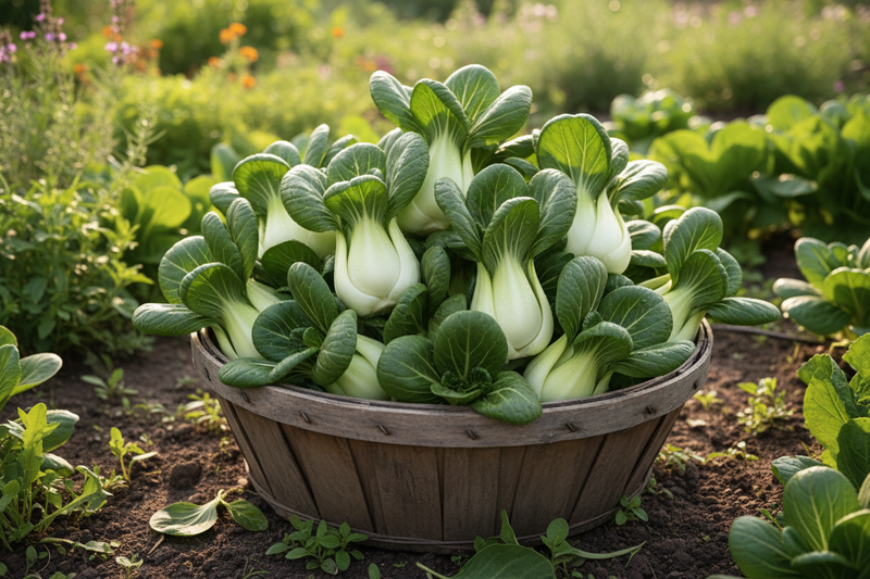 Freshly Harvested Mini Pak Choi in Rustic Wooden Harvest Basket