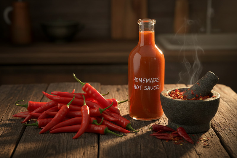 Harvested Cayenne Peppers with Hot Sauce and Crushed Red Pepper Flakes