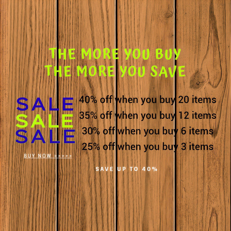 The image is a promotional advertisement for a sale, featuring a wooden background and text in various colors.