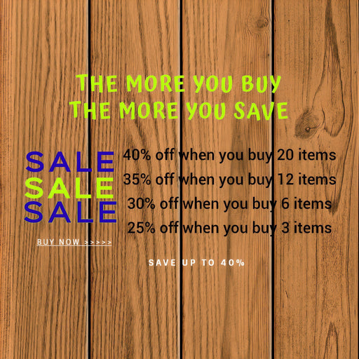 The image is a promotional advertisement for a sale, featuring a wooden background and text in various colors.