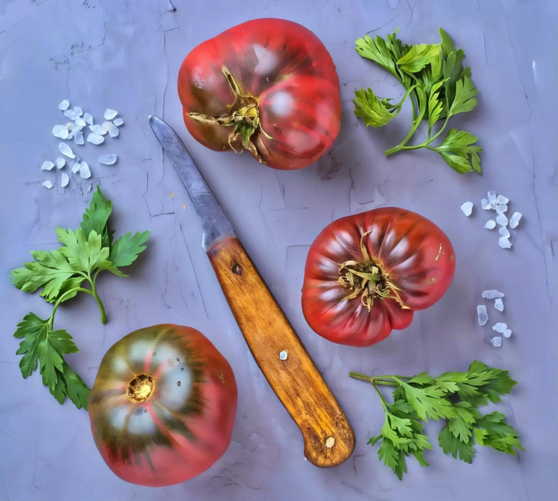 a variety of fresh produce, including two large tomatoes, a knife, and some parsley, all arranged on a gray background.