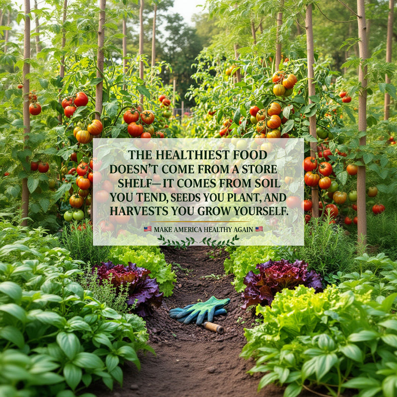 a lush garden filled with a variety of colorful vegetables, including tomatoes, lettuce, and other leafy greens, with a quote overlaid on the image promoting the idea that the healthiest food comes from growing your own.