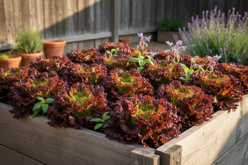 Lollo Rosso red frilled heirloom lettuce growing in a raised garden bed