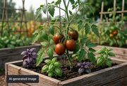 AI-generated illustration of a supported tomato plant in a wooden raised bed, with a visible AI-generated image label