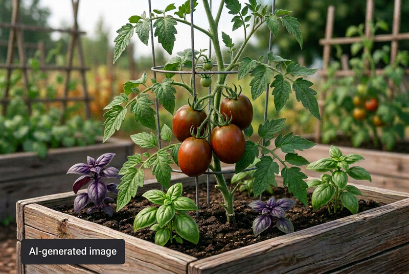 AI-generated illustration of a supported tomato plant in a wooden raised bed, with a visible AI-generated image label