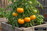 AI-generated illustration guided by the supplied Dr. Wyche Yellow reference, showing large golden-yellow to orange beefsteak tomatoes on supported vines in a raised bed with a discreet AI label