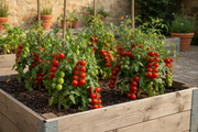 Principe Borghese paste tomato plants growing in a wooden raised garden bed, compact bushy plants with clusters of small plum-shaped tomatoes with pointy ends in various ripening stages