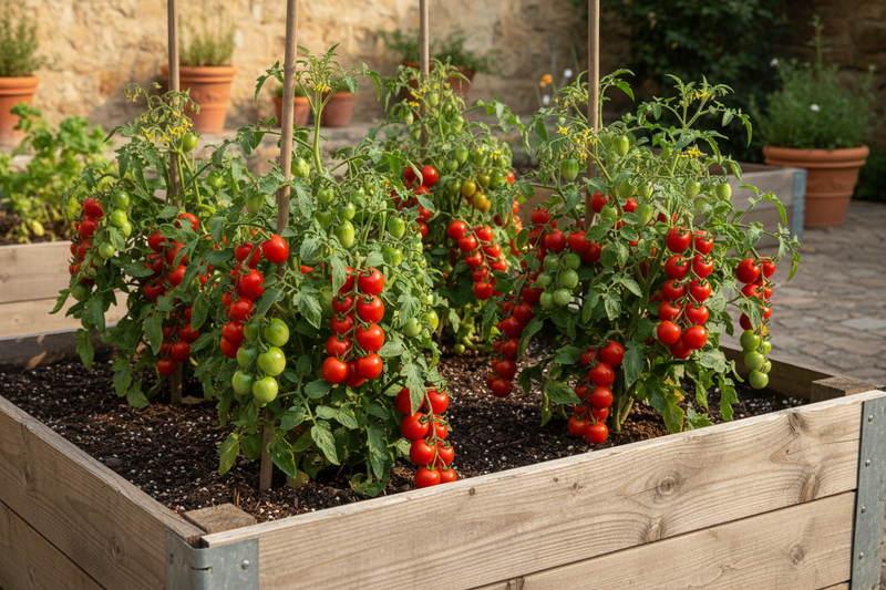 Principe Borghese paste tomato plants growing in a wooden raised garden bed, compact bushy plants with clusters of small plum-shaped tomatoes with pointy ends in various ripening stages
