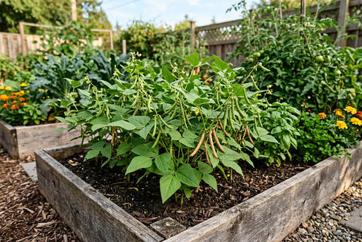 Adzuki bean plants with slender pods growing in a wooden raised bed