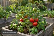 AI-generated illustration of a supported Caribe-type tomato plant in a raised bed, visibly labeled AI-generated image