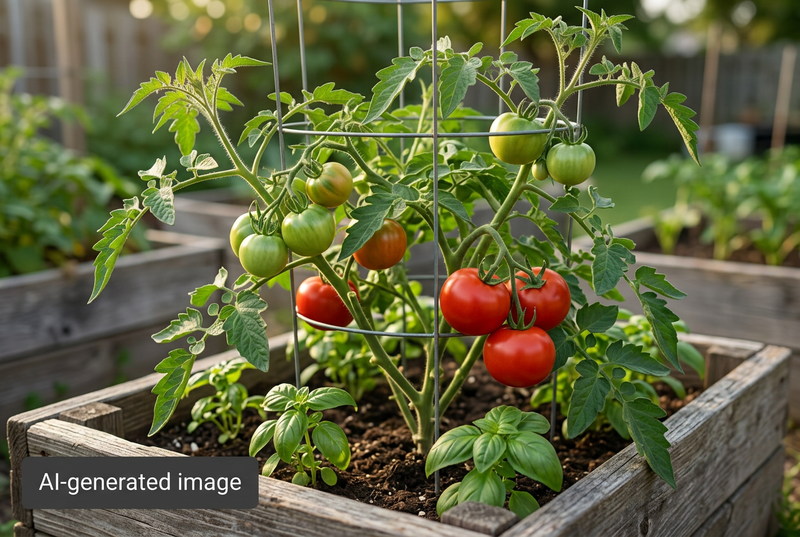 AI-generated illustration of a supported Caribe-type tomato plant in a raised bed, visibly labeled AI-generated image