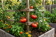 Supported Beefsteak tomato vine with large red fruit in a rustic raised bed