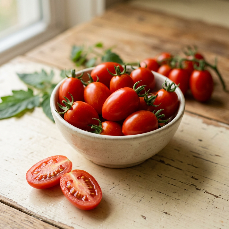 Whole and lengthwise-cut Baby Roma tomatoes showing miniature oval red fruit