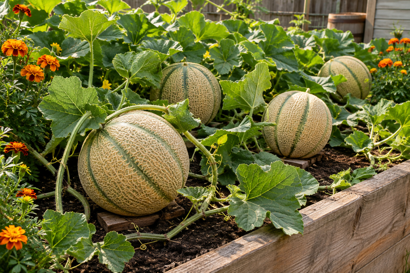 Hale's Best Jumbo cantaloupe melon plants growing in a wooden raised garden bed, sprawling vines with large heavily netted tan-beige ribbed fruits, companion marigolds at edges, warm summer garden