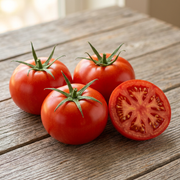 Whole red Campbell 33 tomatoes with green calyces and a cut half showing meaty red flesh