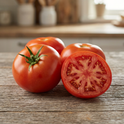 Whole smooth red Cal Ace tomatoes and a cut half showing meaty red flesh