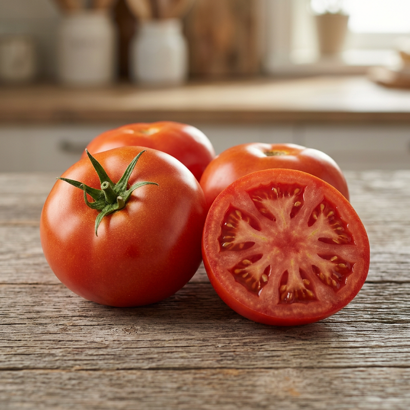 Whole smooth red Cal Ace tomatoes and a cut half showing meaty red flesh