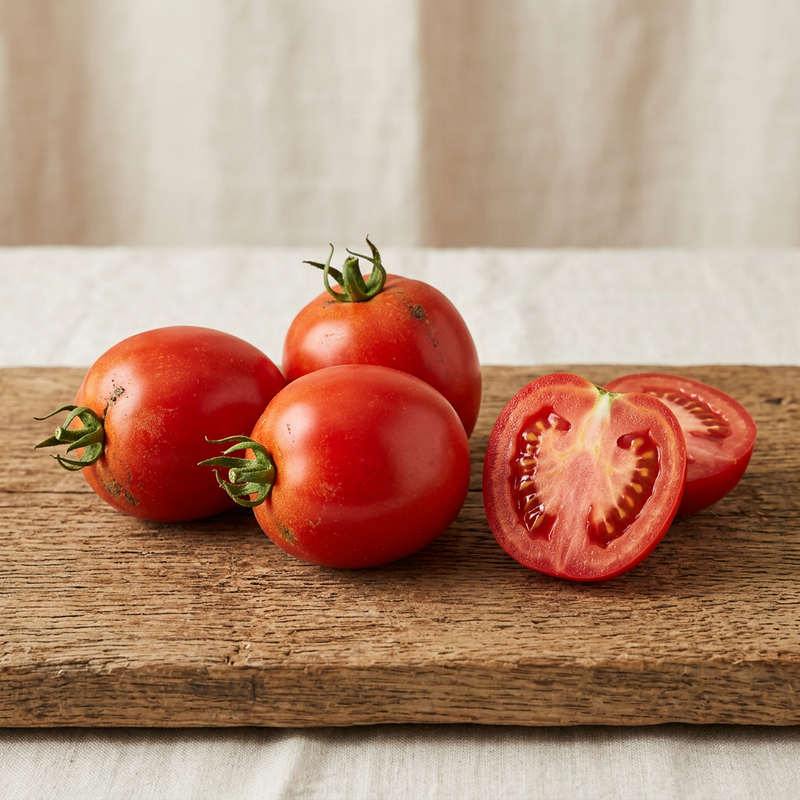 Whole and cut red Bellstar paste tomatoes with thick meaty flesh