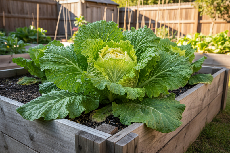 Kogane Chinese cabbage growing in a wooden raised garden bed — large loosehead with golden yellow core and crumpled green outer leaves