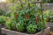 AI-generated garden illustration guided by the supplied Chocolate Pear reference, showing small pear-shaped red-brown tomatoes on supported vines, with a discreet AI-generated image label