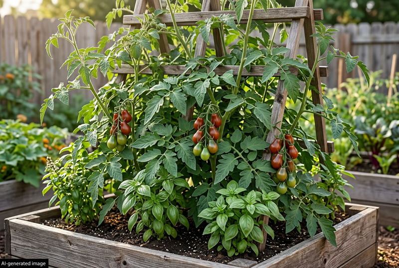 AI-generated garden illustration guided by the supplied Chocolate Pear reference, showing small pear-shaped red-brown tomatoes on supported vines, with a discreet AI-generated image label