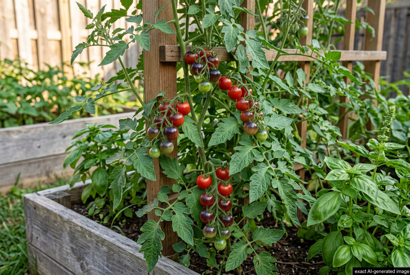 AI-generated illustration guided by the supplied Dancing With Smurfs reference, showing small red cherry tomatoes with indigo-purple shoulders on supported vines in a raised bed with a discreet AI label