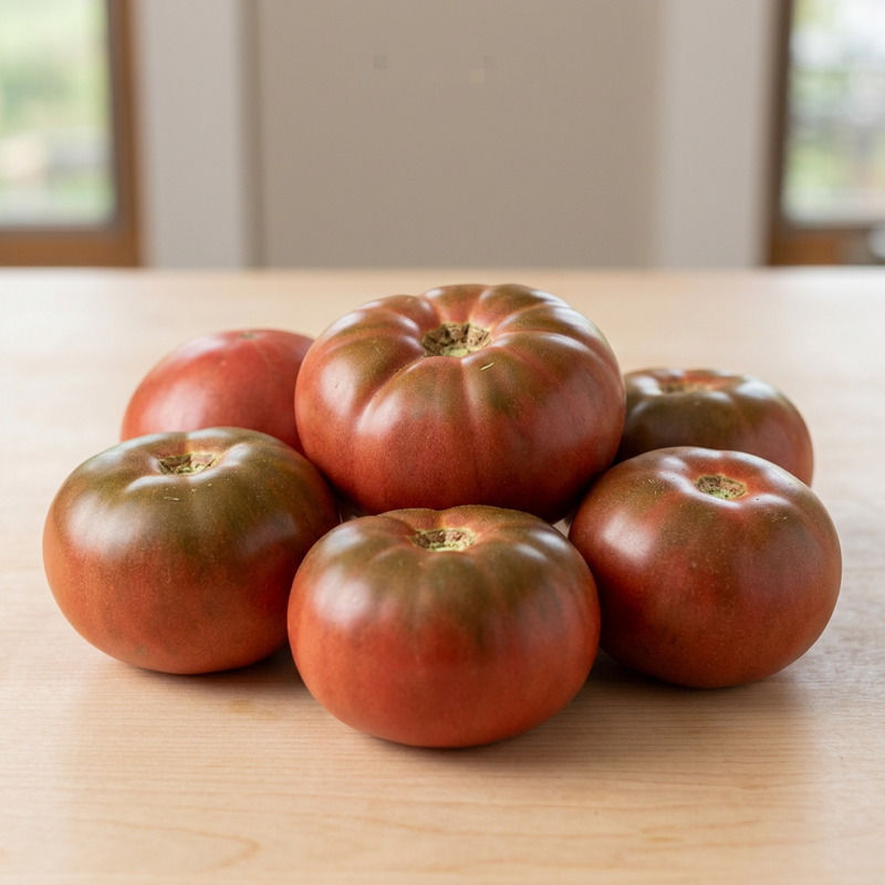 Round to gently flattened Black Krim tomatoes with brick-red and russet coloring and dark olive shoulders