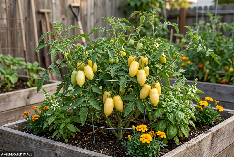 AI-generated illustration guided by the supplied Cream Sausage reference, showing creamy-yellow elongated plum tomatoes on a compact bush in a raised bed, with a discreet AI label