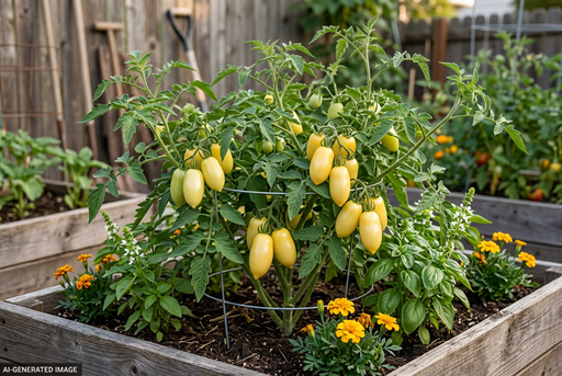 AI-generated illustration guided by the supplied Cream Sausage reference, showing creamy-yellow elongated plum tomatoes on a compact bush in a raised bed, with a discreet AI label
